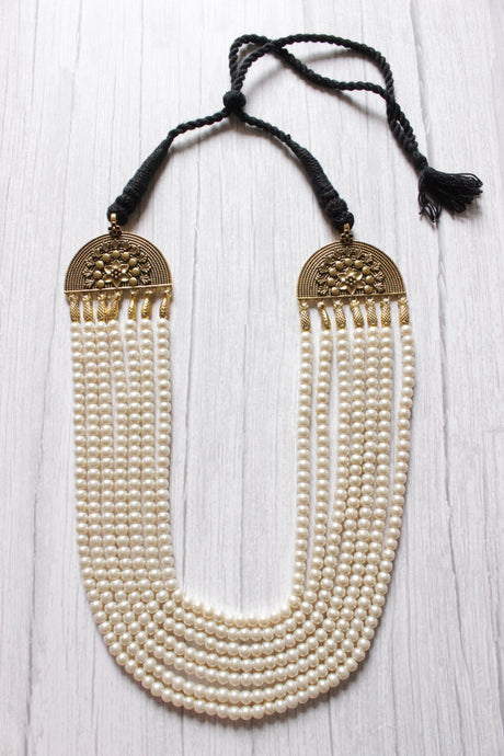 Multi-Layer Stringed Pearls Antique Gold Finish Necklace