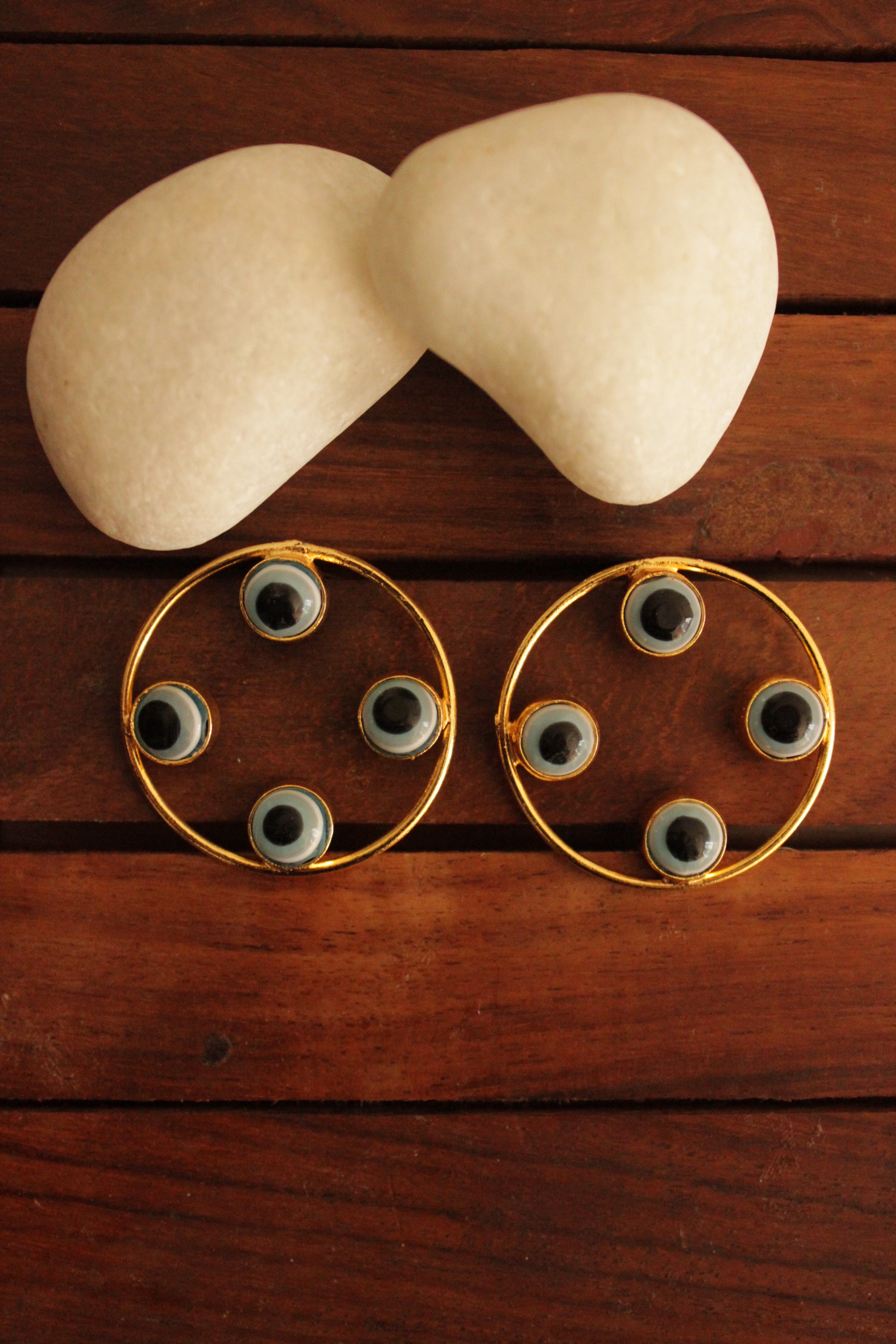 White Evil Eye Embedded Gold Finish Hoop Earrings
