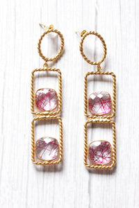 Bezel Set Pink Rutile Rope Pattern Gold Plated Earrings