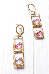 Bezel Set Pink Rutile Rope Pattern Gold Plated Earrings