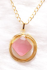 Soft Pink Raw Natural Gemstones Embedded Gold Finish Chain Necklace Set