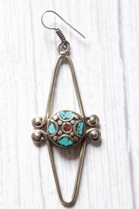 Turquoise Red Coral Silver Finish Tibetan Dangler Earrings