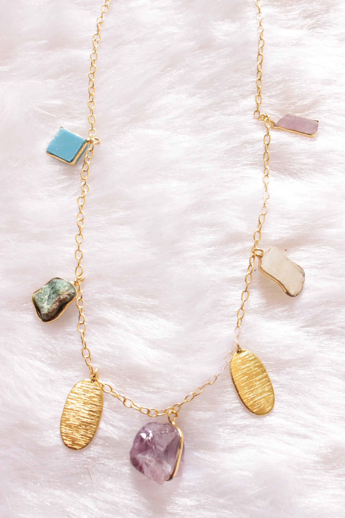 Multi-Color Raw Cut Natural Gemstones Embedded Gold Finish Chain Necklace