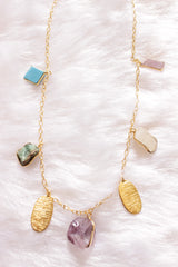 Multi-Color Raw Cut Natural Gemstones Embedded Gold Finish Chain Necklace