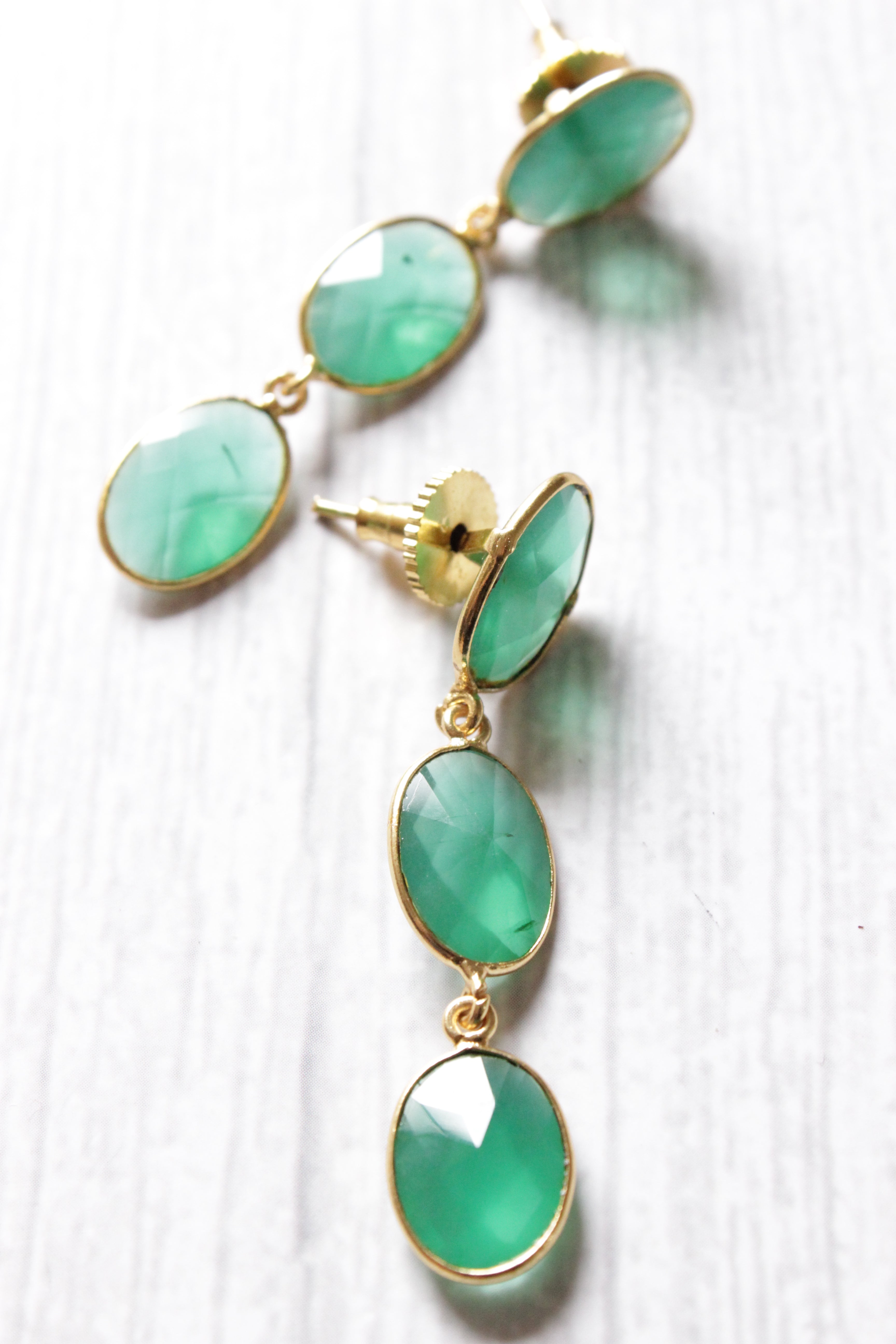 Green Onyx Gemstone Embedded 3 Layer Gold Plated Fashion Earrings