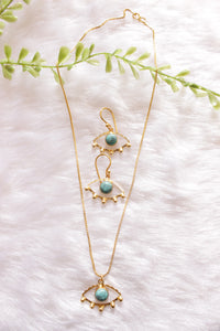 Turquoise Natural Gemstone Embedded Gold Finish Evil Eye Necklace Set