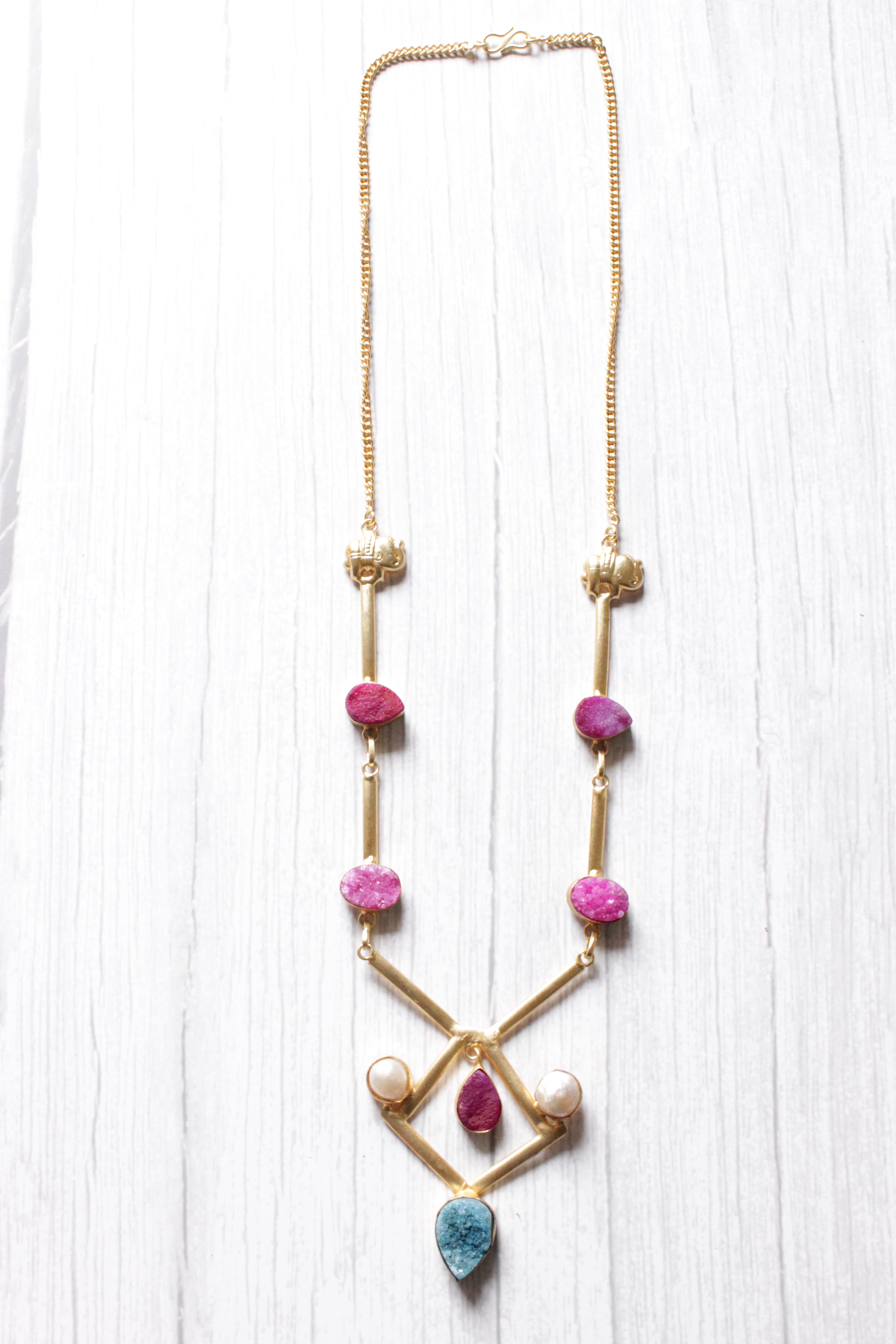 Elephant Charm Pink Druzy Gemstone Gold Plated Necklace