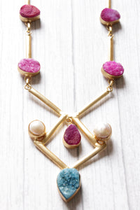 Elephant Charm Pink Druzy Gemstone Gold Plated Necklace
