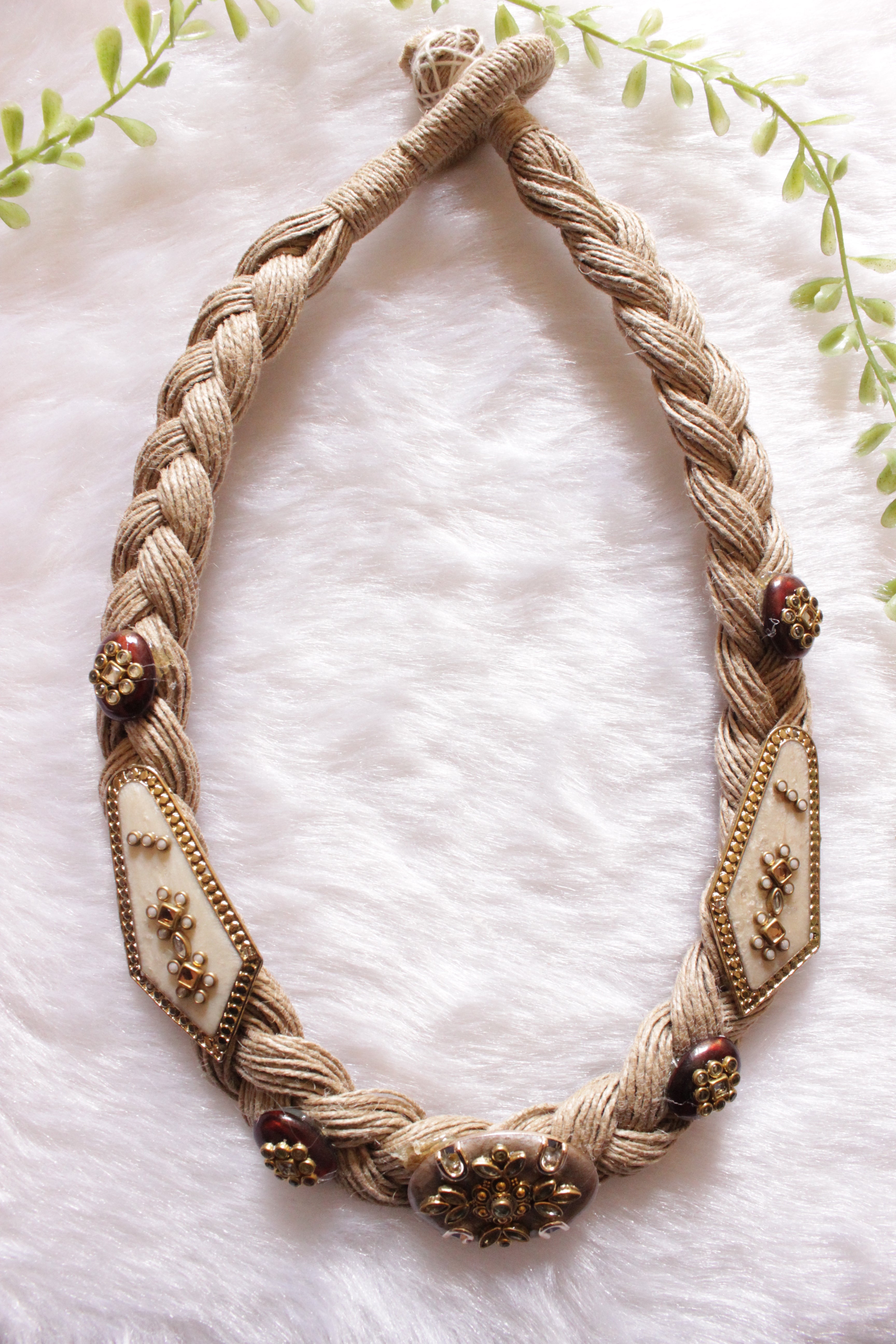 Multiple Jute Strings Hand Braided Necklace with Charms
