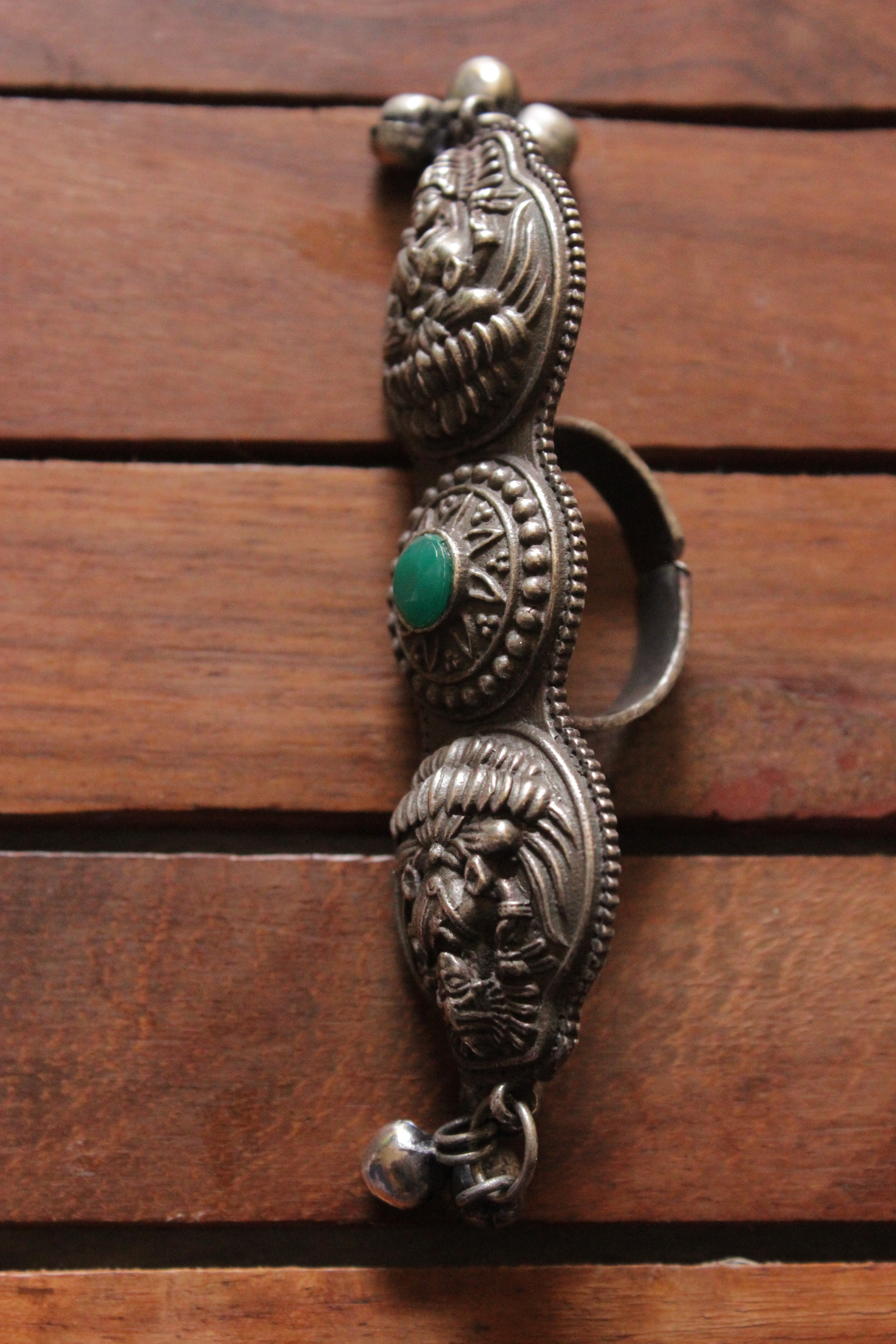 Goddess Lakshmi Motif Green Center Stone 3 Finger Oxidised Finish Ring
