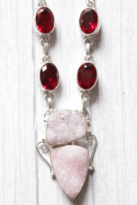 Crystal Druzy and Garnet Druzy Natural Gemstone Embedded Silver Plated Necklace