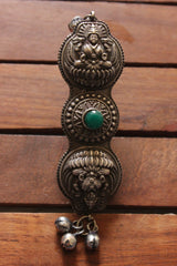 Goddess Lakshmi Motif Green Center Stone 3 Finger Oxidised Finish Ring