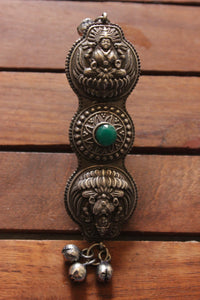 Goddess Lakshmi Motif Green Center Stone 3 Finger Oxidised Finish Ring