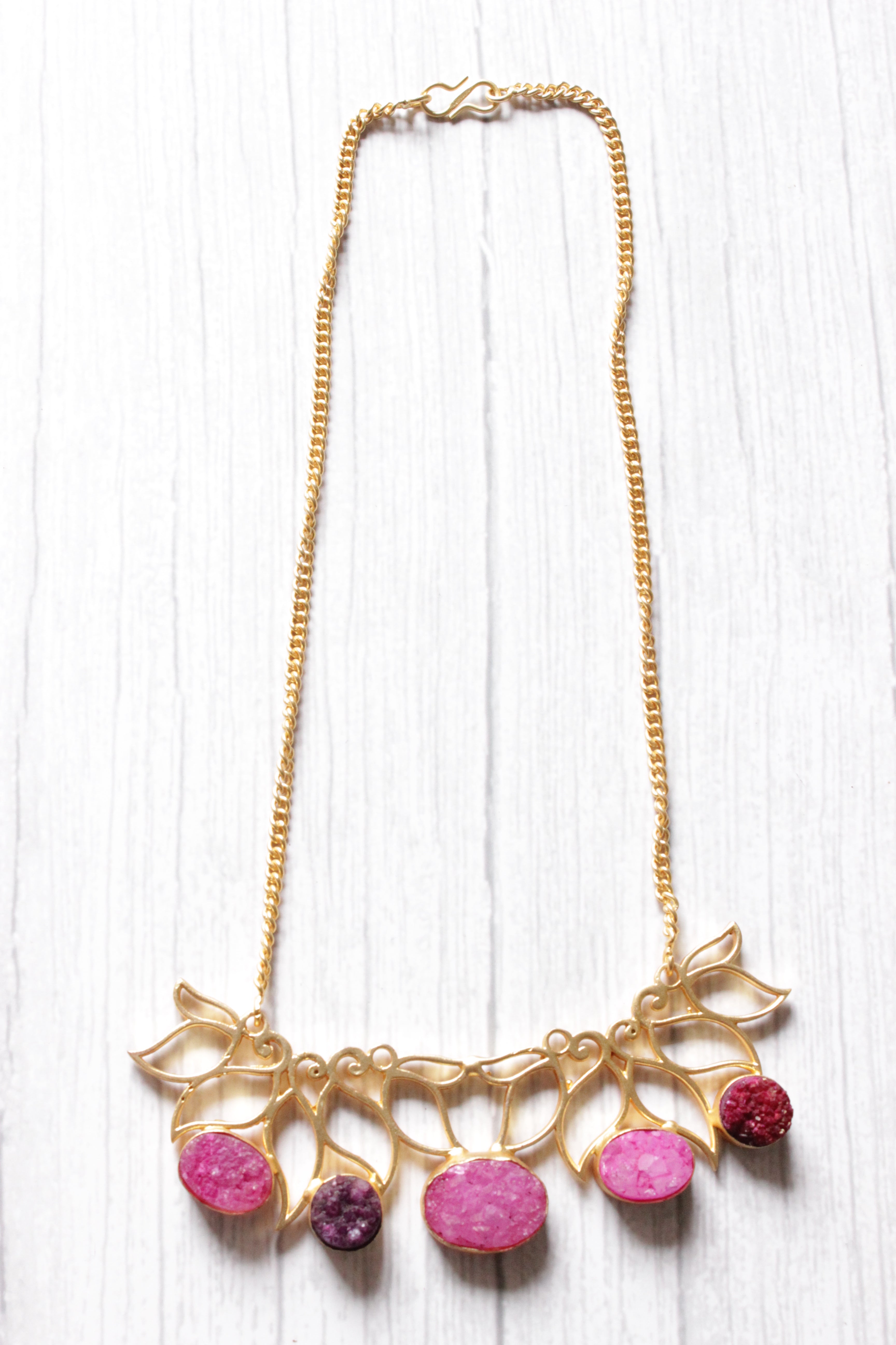 Pink Titanium Druzy Natural Gemstone Embedded Gold Plated Necklace