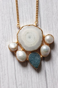 Gorgeous Solar Quartz Baroque Pearl Gemstone Embedded Gold Plated Necklace