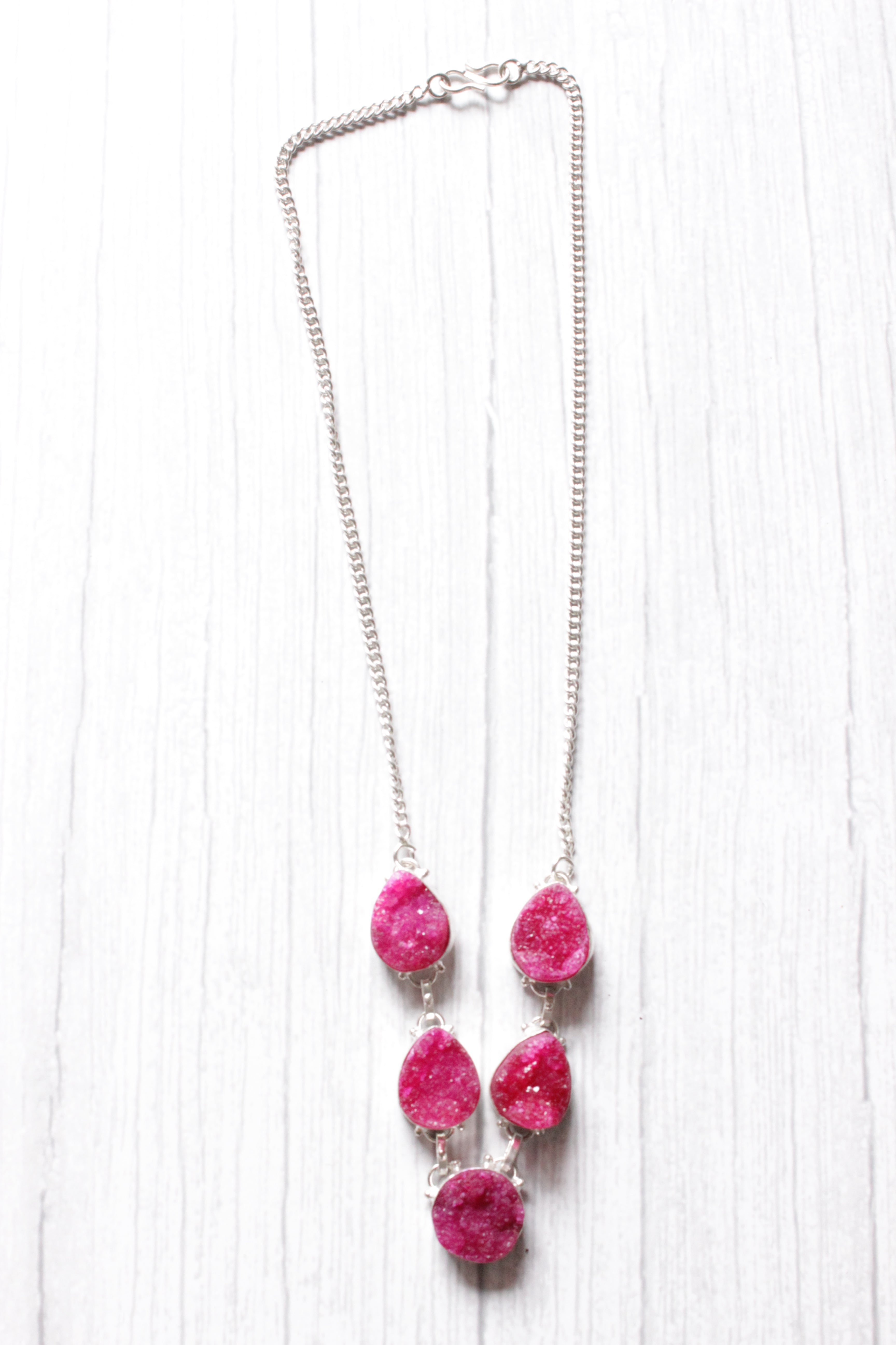 Pink Sugar Druzy Natural Gemstone Embedded Silver Plated Necklace