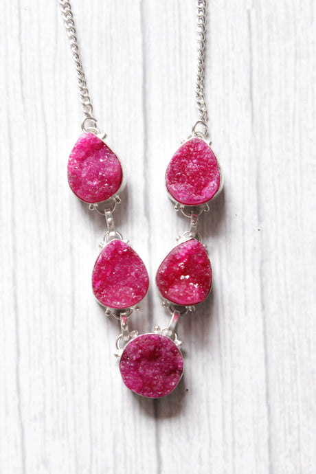 Pink Sugar Druzy Natural Gemstone Embedded Silver Plated Necklace