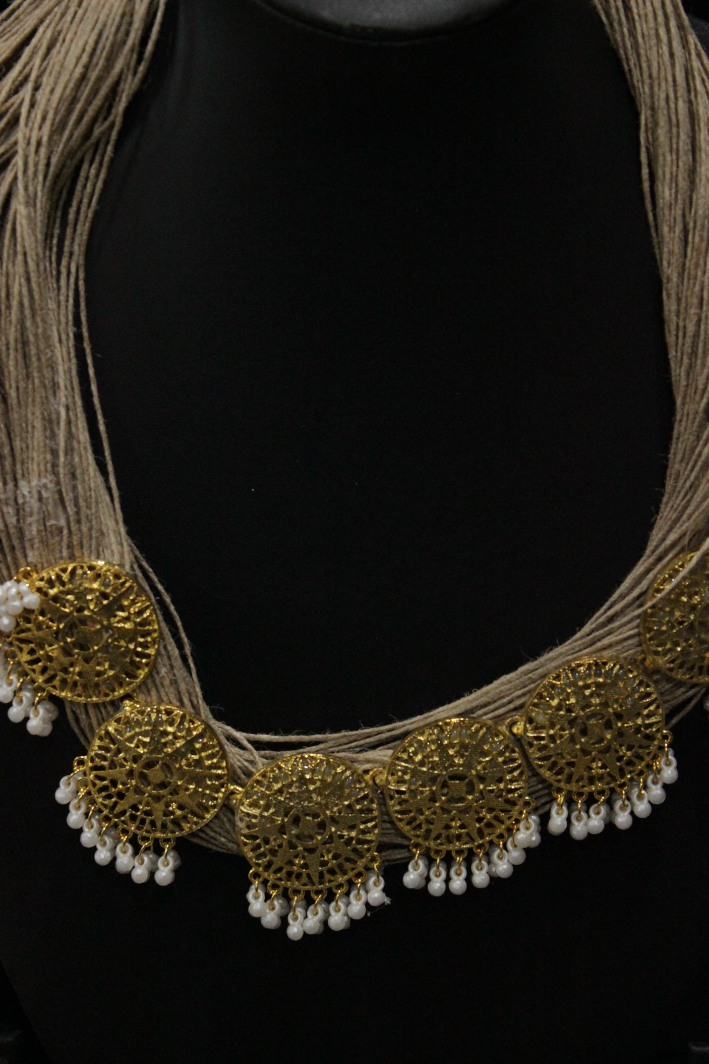 Multiple Jute Strings Hand Braided Necklace with Gold Finish Metal Charms