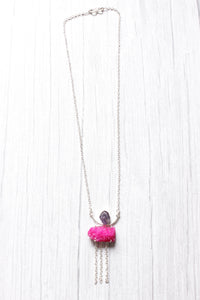 Pink Crystal Druzy Amethyst Rough Natural Gemstone Embedded Silver Plated Necklace