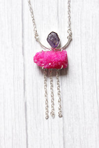 Pink Crystal Druzy Amethyst Rough Natural Gemstone Embedded Silver Plated Necklace