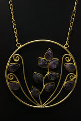 Purple Sugar Druzy Raw Natural Gemstones Embedded Statement Circular Pendant Gold Finish Brass Necklace