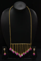 Pink & White Raw Natural Gemstones Embedded Gold Finish Wedding Bar Necklace Set
