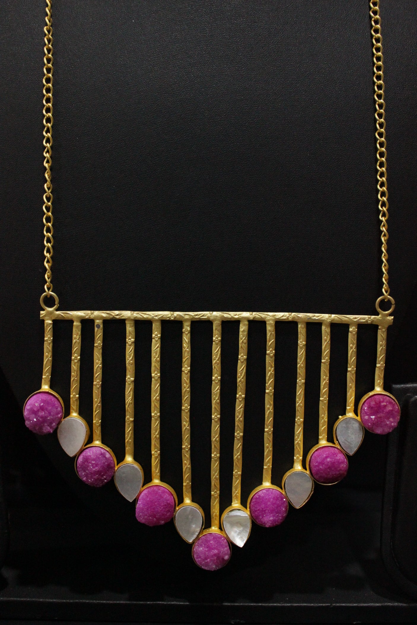 Pink & White Raw Natural Gemstones Embedded Gold Finish Wedding Bar Necklace Set