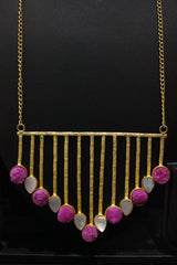 Pink & White Raw Natural Gemstones Embedded Gold Finish Wedding Bar Necklace Set