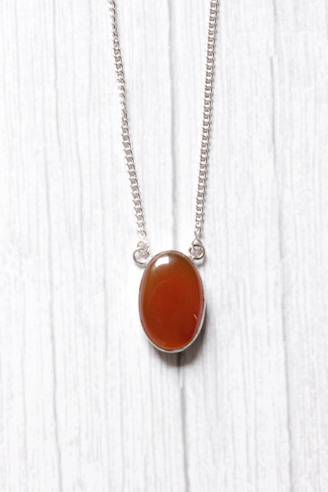 Brown Agate Oval Shiny Gemstone Embedded Silver Plated Necklace