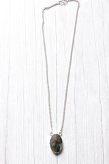 Green Moss Agate Oval Gemstone Embedded Silver Plated Necklace