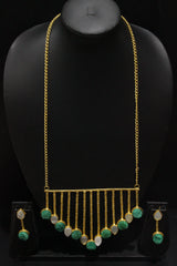 Sea Green & White Raw Natural Gemstones Embedded Gold Finish Wedding Bar Necklace Set