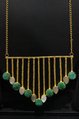 Sea Green & White Raw Natural Gemstones Embedded Gold Finish Wedding Bar Necklace Set