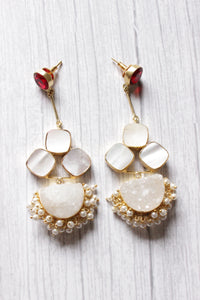 Titanium Druzy Pearl Natural Gemstone Embedded D Shaped Gold Plated Handmade Stud Earrings