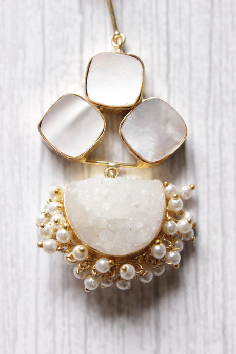 Titanium Druzy Pearl Natural Gemstone Embedded D Shaped Gold Plated Handmade Stud Earrings