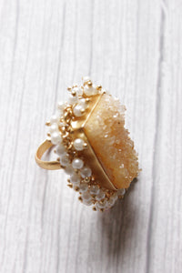 Stunning Yellow Sugar Druzy Natural Gemstone Embedded Gold Plated Ring