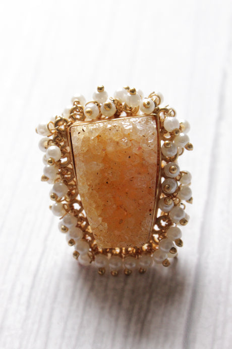 Stunning Yellow Sugar Druzy Natural Gemstone Embedded Gold Plated Ring