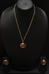 Soft Pink Raw Natural Gemstones Embedded Gold Finish Chain Necklace Set