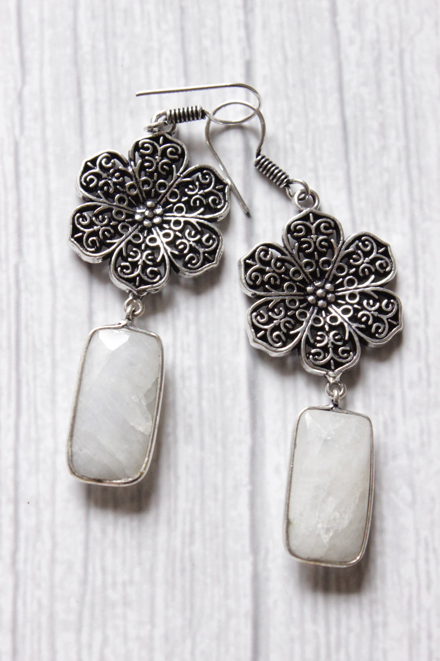 Faceted Rainbow Moonstone Vintage Flower Lightweight Earrings