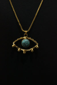 Turquoise Natural Gemstone Embedded Gold Finish Evil Eye Necklace Set