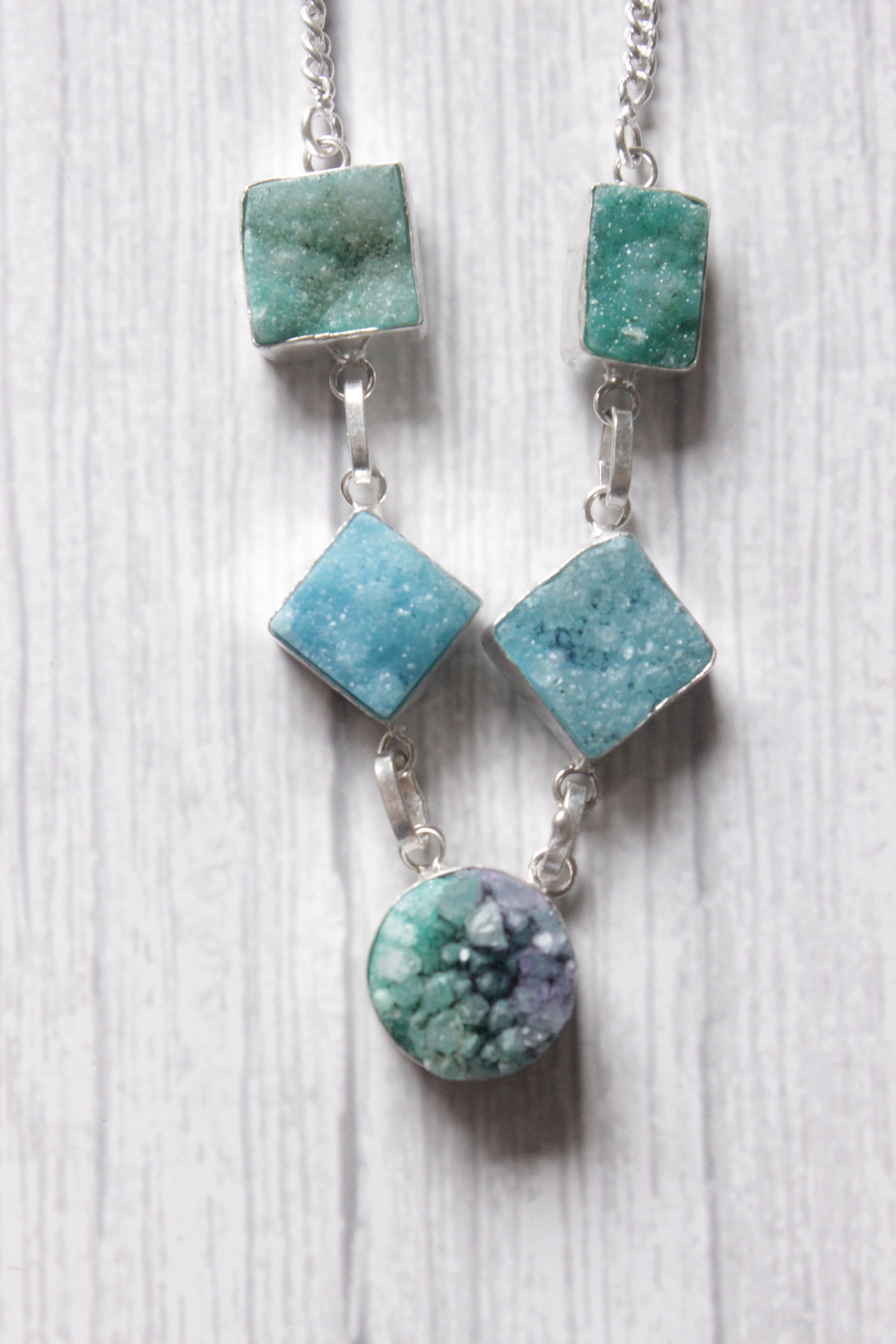 Multi Sugar Druzy Rare Natural Gemstone Embedded Silver Plated Handmade Necklace