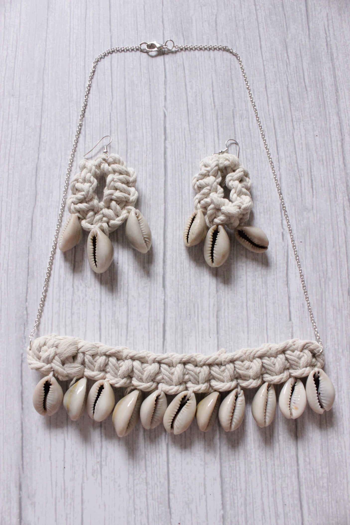 Shells Embellished Braided Macrame Threads Long Silver Chain Necklace Set