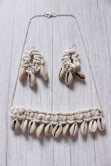 Shells Embellished Braided Macrame Threads Long Silver Chain Necklace Set