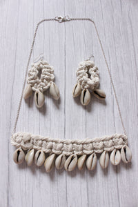Shells Embellished Braided Macrame Threads Long Silver Chain Necklace Set