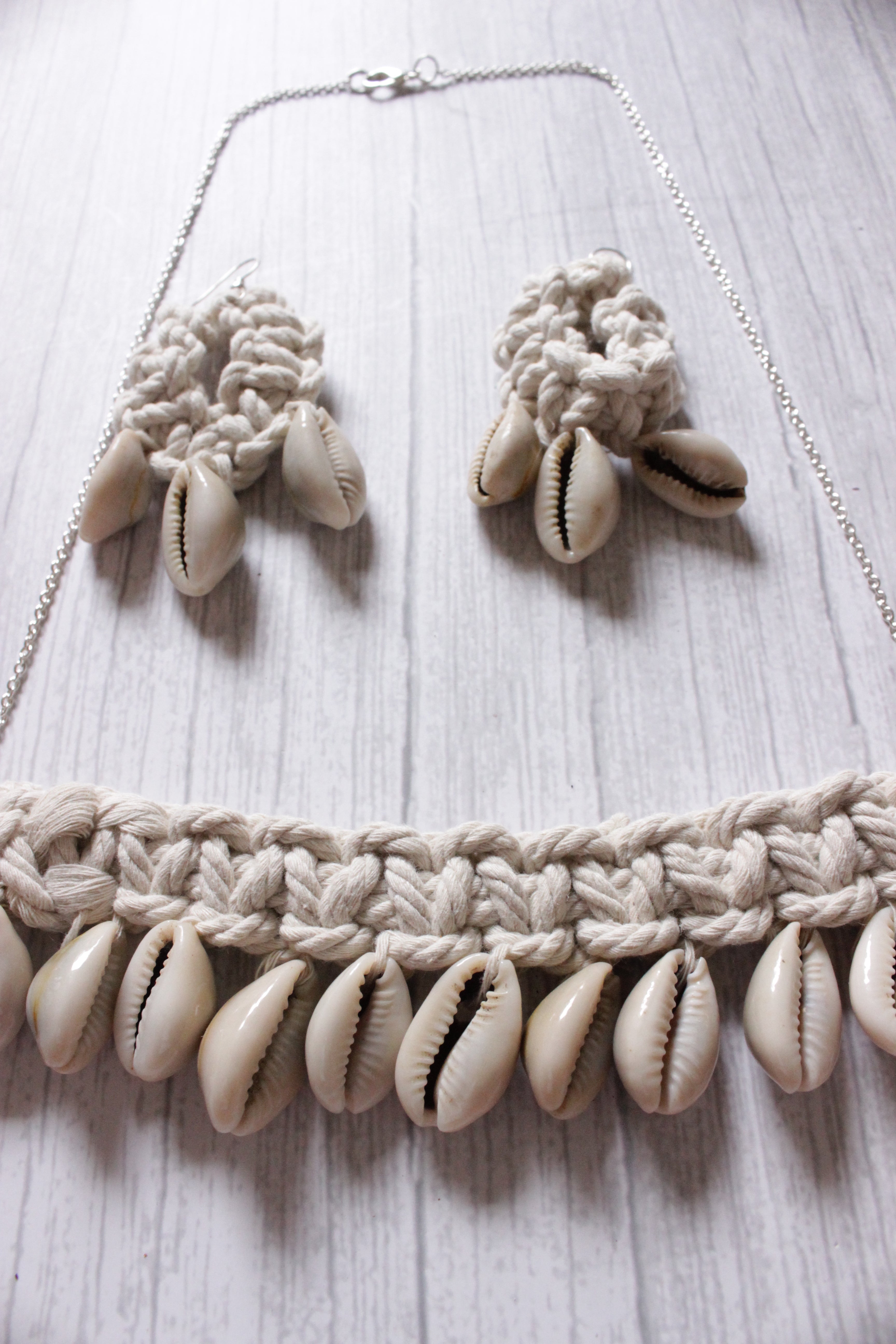 Shells Embellished Braided Macrame Threads Long Silver Chain Necklace Set