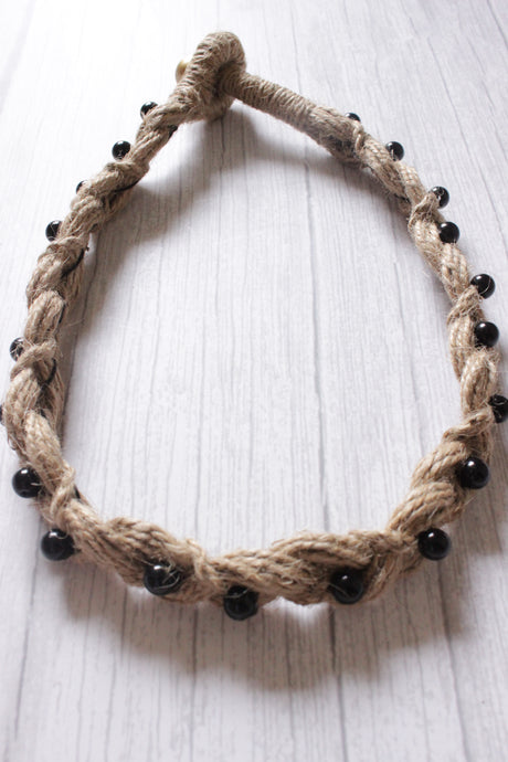 Braided Jute Strings Glass Beads Embellished Choker Necklace
