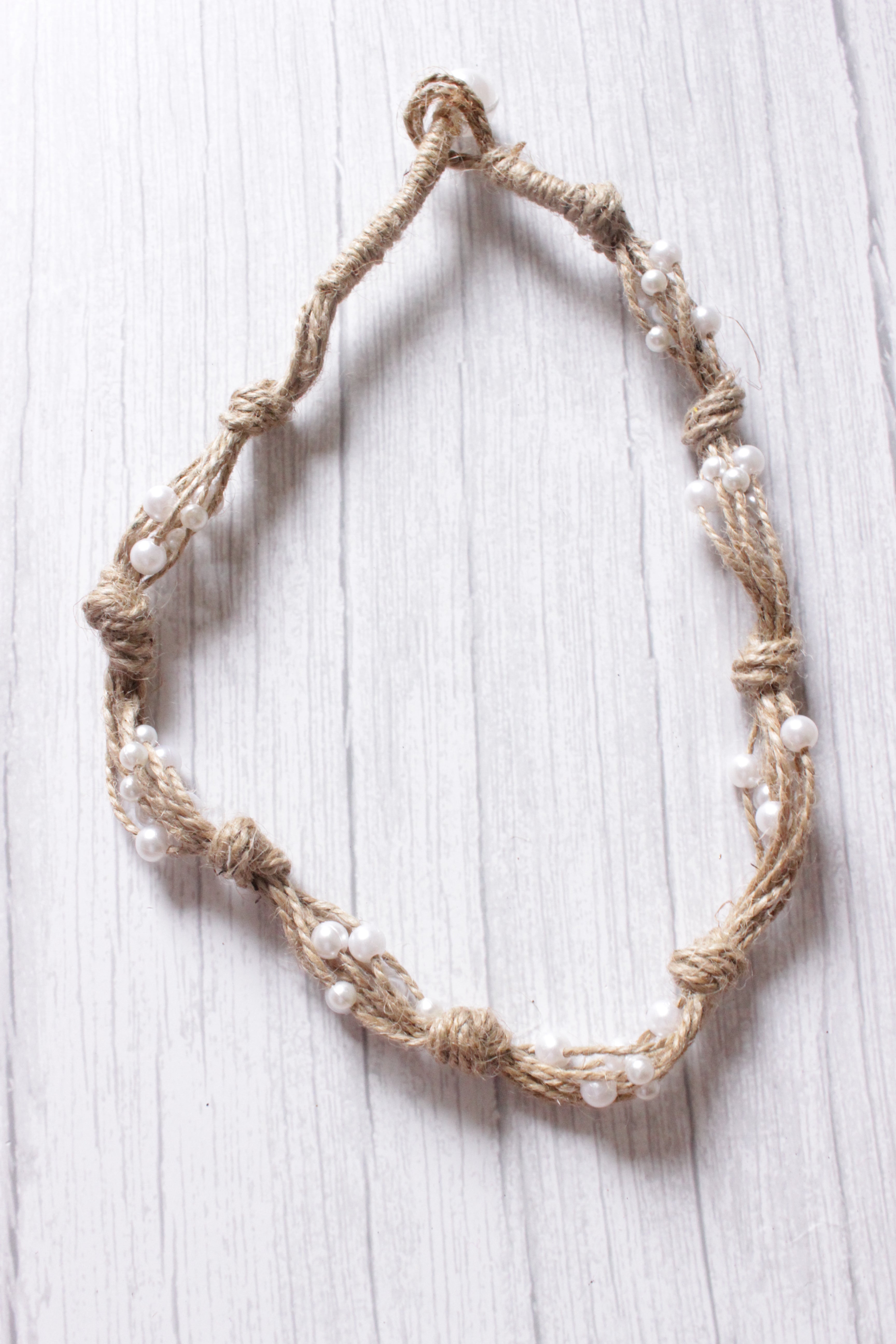 Stringed Jute Strings White Beads Embellished Choker Necklace