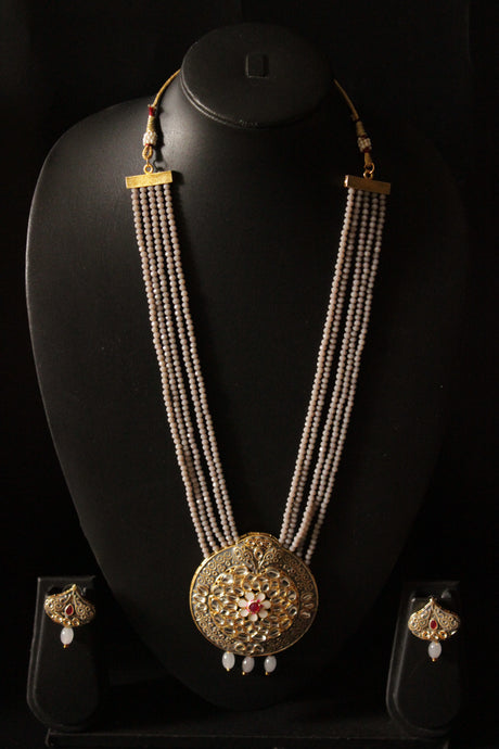 Grey Meenakari Work And Multi-Layer Beads Statement Pendant Long Necklace Set
