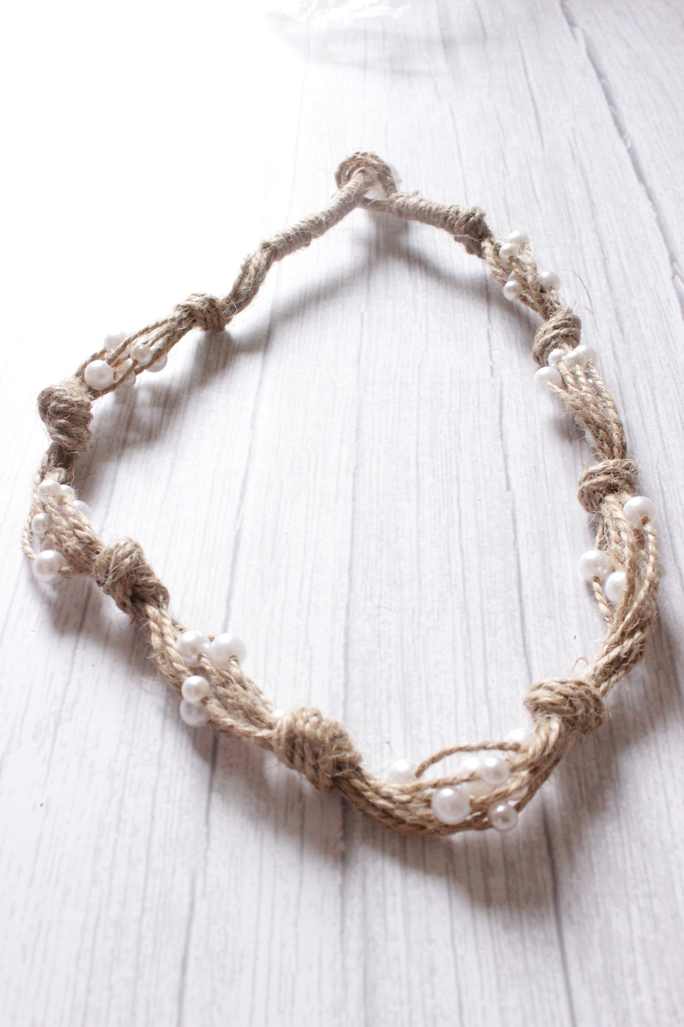 Stringed Jute Strings White Beads Embellished Choker Necklace