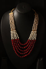 Load image into Gallery viewer, Red and White Glass Beads Braided with Gold Metal Beads 5 Layer Gold Finish Necklace
