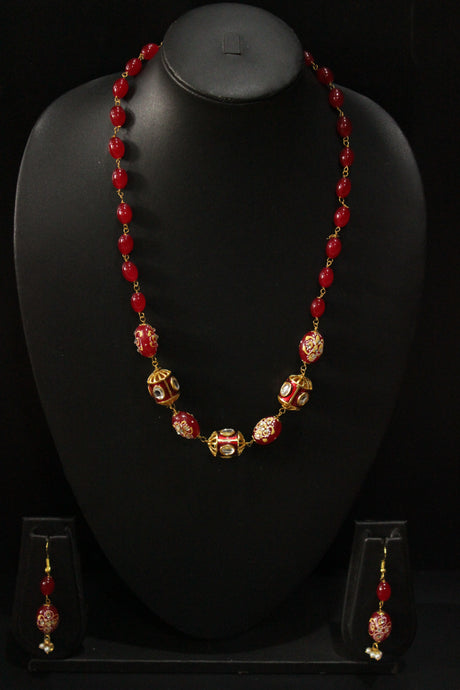 Hand Painted Meenakari Red Acrylic Beads Braised with Red Beads and Kundan Stones Embedded Necklace Set